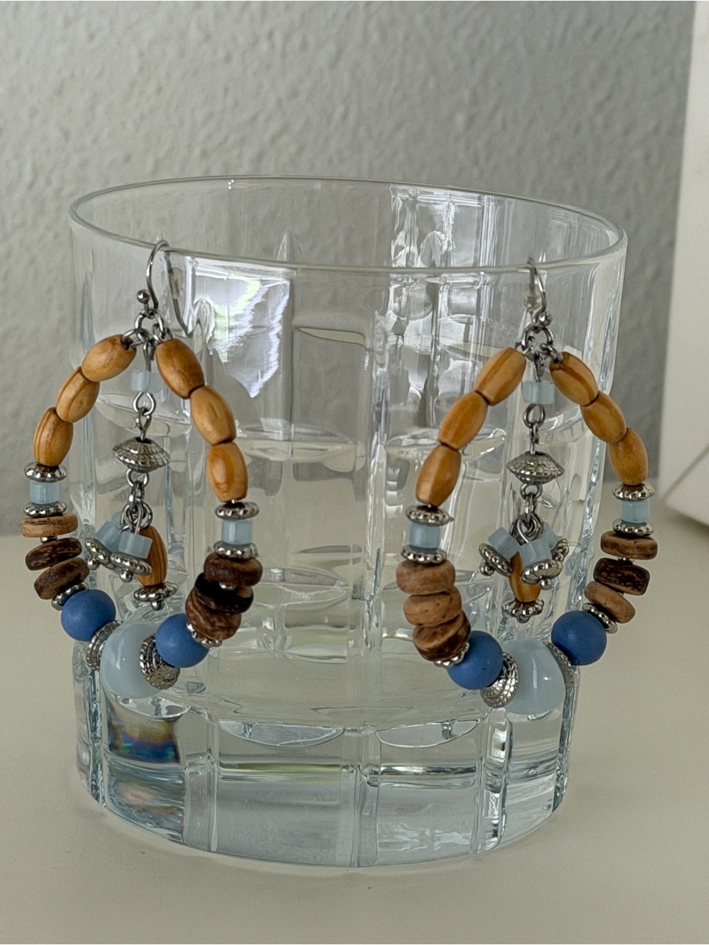 Handcrafted Blue and Wood Beaded Hoop Earrings